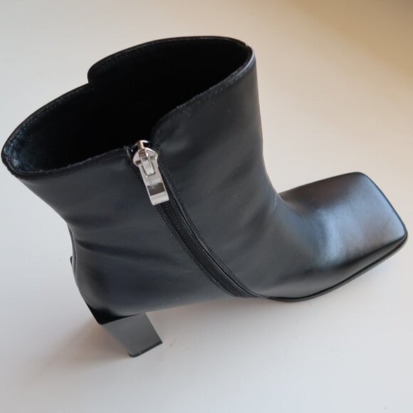 Black Square Toe Real Leather Block Heel Booties - Picture 7 of 10